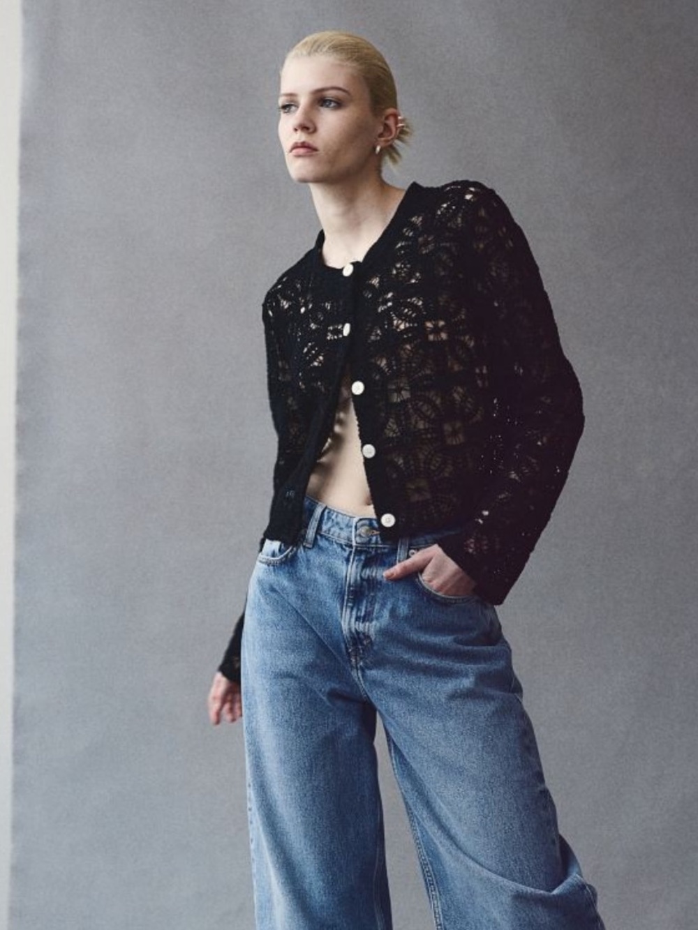 Black Crochet Button-Front Jacket